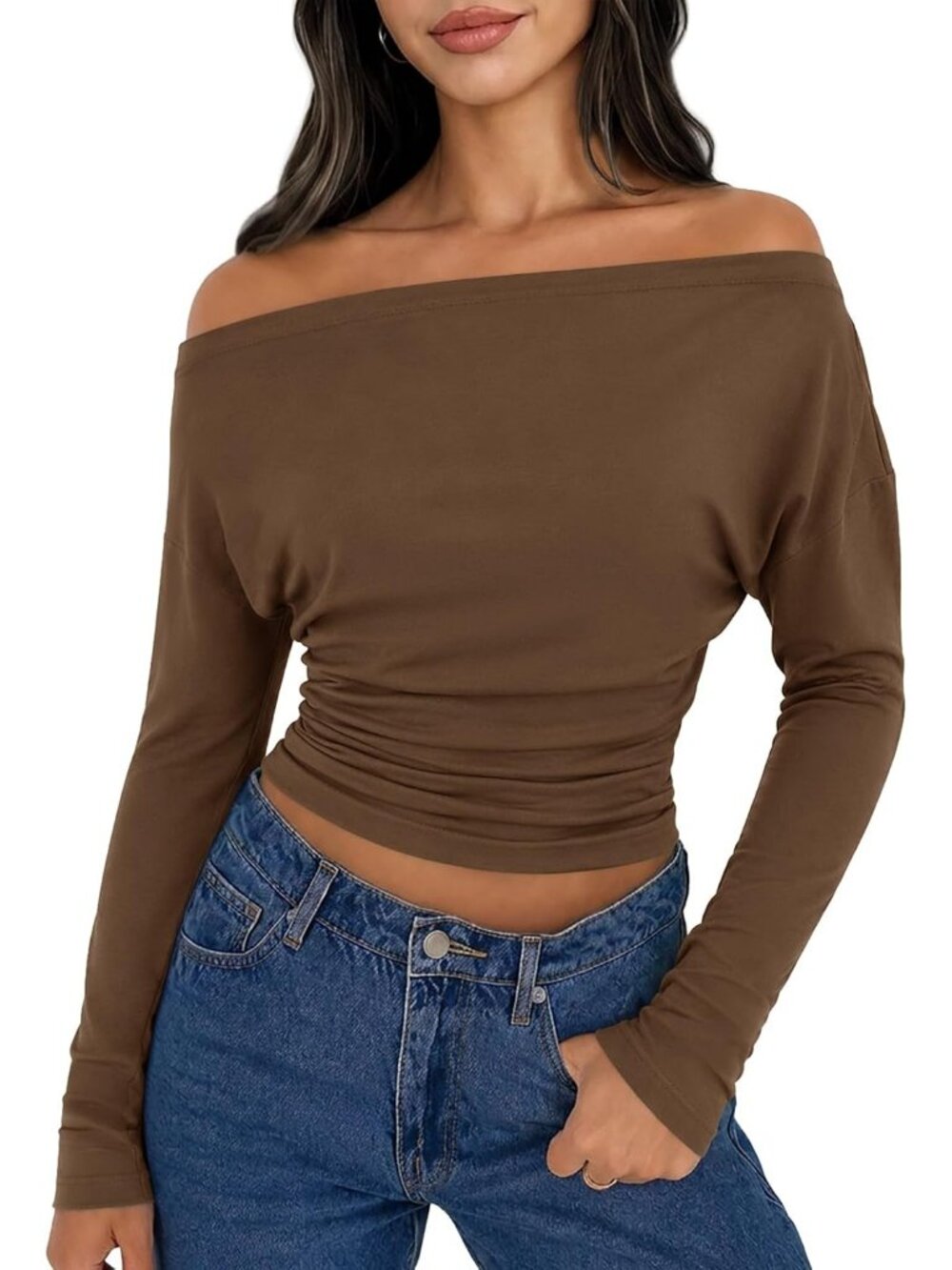 Women's Brown Off Shoulder Long Sleeve Ruched Cinched Waist Y2K Top Blouse